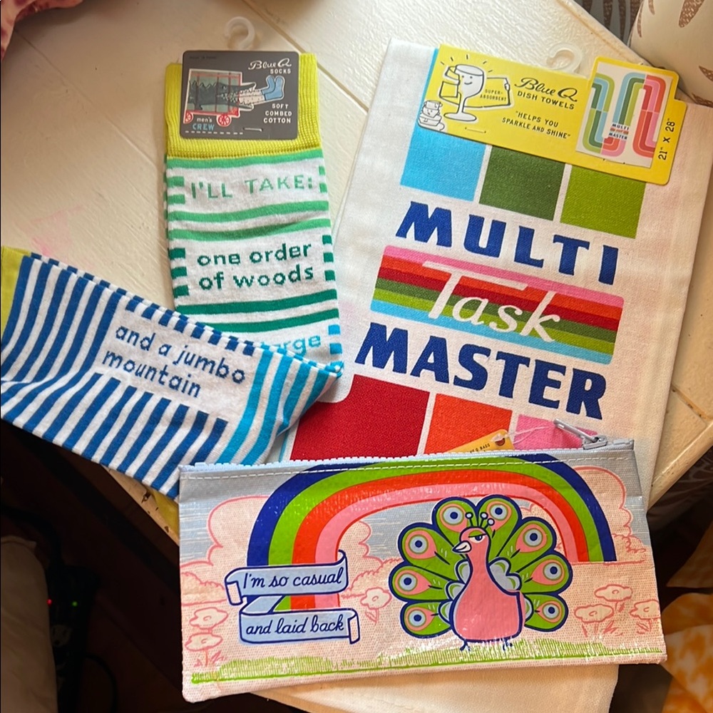NWT Blue Q Bundle: men’s crew socks, zipper pouch, + tea towel
